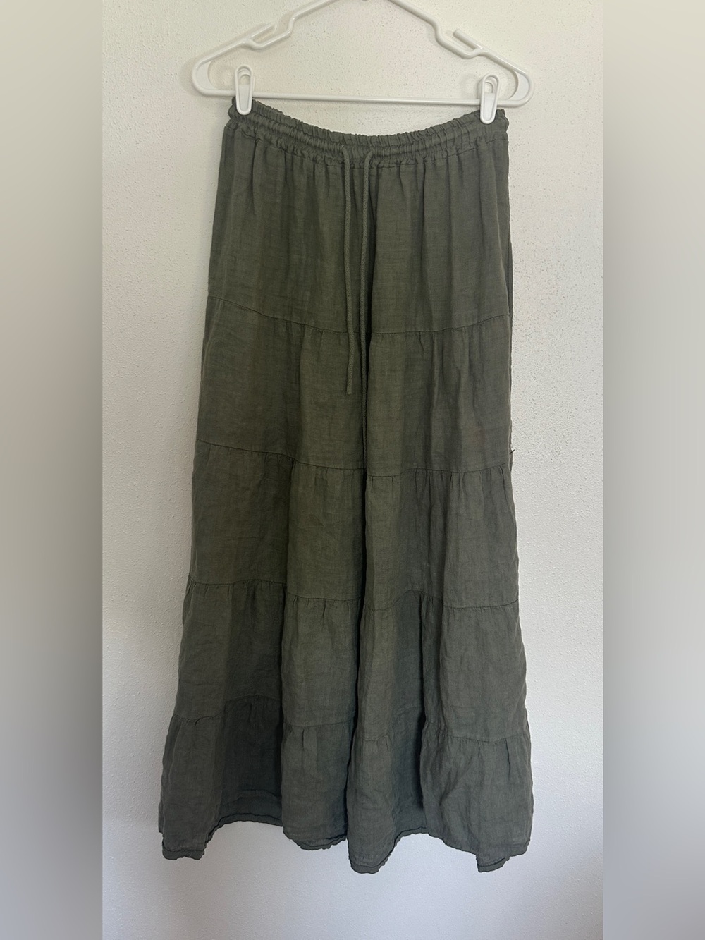 Puro Lino Made in Italy 100% Linen Tiered Maxi Skirt Olive Green Small Boho